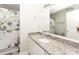 Bathroom featuring a granite countertop, white cabinets, and a floral shower curtain at 6118 Hazelhurst Ln, Ravenel, SC 29470