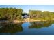 Aerial view showcases a stunning backyard with a home, and lush greenery reflecting on a calm lake at 821 Bulls Bay Blvd, Mount Pleasant, SC 29429