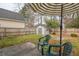 Spacious backyard with a shed, bordered by a wooden fence and featuring an umbrella and chairs at 120 Diploma Dr, Ladson, SC 29456