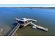 Aerial shot of a dock with a covered gazebo and boat slips at 2461 Lieutenant Dozier Dr, Johns Island, SC 29455