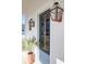 A stylish entry door with glass pane, decorative lanterns, and a potted palm tree at 2461 Lieutenant Dozier Dr, Johns Island, SC 29455