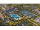 Aerial view of a property featuring a swimming pool, clubhouse, and tennis courts at 2901 Eddy Dr, Mount Pleasant, SC 29466