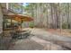 Outdoor patio area features table with umbrella and access to spacious yard and fire pit at 309 Edinburgh St, Summerville, SC 29483