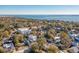 Expansive aerial shot of a community nestled among mature trees, leading to a serene ocean view at 108 Rose Ln, Mount Pleasant, SC 29464
