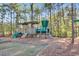 Community playground featuring a train-shaped jungle gym with slides and other play structures nestled among mature trees at 156 Woodward Rd, Goose Creek, SC 29445