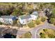 Community aerial view showcasing townhomes, roundabout, pond, and lush landscaping, offering a serene and picturesque setting at 1587 Bluewater Way, Charleston, SC 29414