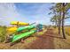 Picturesque kayak rental spot with colorful kayaks on wooden racks, leading to water activities at 2415 Jasper Patterson Dr, Johns Island, SC 29455