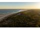 Expansive aerial view of a beach community with sandy shores, lush greenery, and distant ocean horizon, highlighting a tranquil coastal lifestyle at 2802 Ion Ave, Sullivans Island, SC 29482