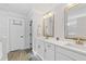 Bathroom with double vanity, white cabinets, modern fixtures, and stylish wood floors at 306 Long Pier St, Summerville, SC 29486