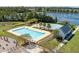 An aerial view of a community pool, clubhouse, lake and a lush green landscape at 543 Pendleton Dr, Moncks Corner, SC 29461