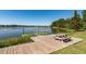 Community waterfront pier with ladder access into the lake, wooden planks, and a picnic table at 543 Pendleton Dr, Moncks Corner, SC 29461