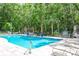 Community pool with lounge chairs, mature trees and landscaping, and 'swim at your own risk' signage at 2434 Egret Crest Ln, Charleston, SC 29414