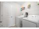 Well-lit laundry room featuring modern washer and dryer, overhead shelving, and crisp, white walls at 286 Godwit Dr, Summerville, SC 29486