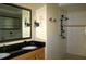 Bathroom featuring a vanity with granite countertop, a large mirror, and a tiled walk-in shower at 5009 Old Bridgeview Ln # 5009, Charleston, SC 29403