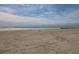 A serene beach view with the ocean and pier visible in the distance on a partly cloudy day at 716 E Arctic Ave, Folly Beach, SC 29439