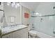 Stylish bathroom featuring a white vanity, colorful granite countertops, and a glass-enclosed shower-tub combo at 1014 Bradbury Ln, Charleston, SC 29492