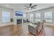 Cozy living room featuring a fireplace, hardwood floors, ceiling fan and plenty of natural light at 175 Darby Meadow Ln, Ridgeville, SC 29472
