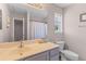 Traditional bathroom features a large mirror, updated vanity, and shower with curtain at 205 Yellow Hawthorn Cir, Summerville, SC 29483