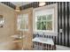 Modern bathroom with glass shower, white sink, black and white wallpaper, and bright natural light at 3 Atlantic St, Charleston, SC 29401