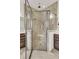 Luxurious bathroom boasting a glass shower with dual shower heads, a built-in seat, and tiled walls at 458 Four Seasons Blvd, Summerville, SC 29486