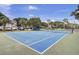Beautiful blue tennis court surrounded by lush trees and landscaping for a serene experience at 60 Fairway Dunes Ln, Isle of Palms, SC 29451