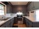 Efficient galley kitchen with stainless steel appliances, updated countertops, and gray cabinetry at 105 Wade Ct, Summerville, SC 29486