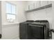 Modern laundry room with sleek black washer and dryer, storage shelves, and natural light at 115 Winding Branch Dr, Summerville, SC 29486