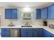 Modern kitchen with beautiful blue cabinets, stainless steel appliances, and bright white countertops at 1264 Fort Dr, Hanahan, SC 29410