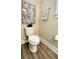 View of a white toilet with neutral walls and dark brown floors, complemented by a modern art piece at 263 Stefan Dr, Charleston, SC 29412