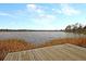 Wooden dock overlooking tranquil lake surrounded by natural vegetation and beautiful skies at 407 Stoneleigh Ln, Moncks Corner, SC 29461