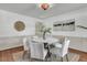 Dining area with wainscoting, wood floors, and a round table, illuminated by a vibrant light fixture at 741 Creekside Dr, Mount Pleasant, SC 29464