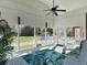 Screened porch with white furniture, tropical rug, fan and views of the backyard at 760 Community Ave, Smoaks, SC 29481