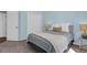 Bedroom with light blue walls, neutral carpet, side tables with lamps, and a window with blinds at 8506 Kennestone Ln, North Charleston, SC 29420