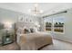 Inviting bedroom with a tray ceiling, contemporary lighting, and a serene view of the water at 1047 Tea Time Dr, Summerville, SC 29485