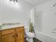 Bathroom featuring shower-tub combo, wooden vanity, and granite countertop at 1146 Rivercrest Dr, Charleston, SC 29412