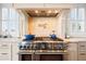 Close-up view of a modern kitchen with a stainless steel range and detailed tile backsplash at 2722 Crooked Stick Ln, Mount Pleasant, SC 29466