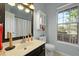 Bright bathroom features a vanity with dark wood cabinets and a decorative mirror with a view to the outside at 3438 Farmers Market Dr, Charleston, SC 29414
