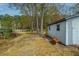 Backyard featuring shed with flower pots, trees, and green lawn, near wooden fence at 406 Mendenhall St, Summerville, SC 29483