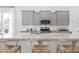 Kitchen island featuring granite countertops, wooden barstools, and a stylish faucet, complemented by gray cabinets at 792 Clay Field Trl, Summerville, SC 29485