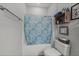 Cozy bathroom featuring a shower with patterned curtain and decor at 1309 Basketweaver Way, Hanahan, SC 29410