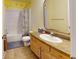 Yellow bathroom featuring a shower with tub, toilet, single sink vanity, and mirror at 1925 Old Parsonage Rd, Charleston, SC 29414