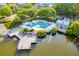 Aerial view of pool and dock on the lake with nearby townhomes and landscaping at 2472 Racquet Club Dr, Seabrook Island, SC 29455