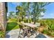 Outdoor patio with seating area overlooking lush backyard and putting green at 430 Fish Tale Rd, Charleston, SC 29492