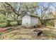 A white storage shed in the backyard is surrounded by lush landscaping and a wood fence at 4445 Old Park Rd, North Charleston, SC 29405
