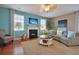 Modern living room with fireplace features comfortable furniture, beach decor and bright, airy feel at 523 Verdi Dr, Summerville, SC 29486