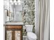 Bathroom featuring vanity with granite counters, floral wallpaper, matching cabinet doors, and shower with curtain at 614 Battery Edge Dr, Summerville, SC 29486