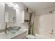 Well-lit bathroom featuring vanity with vessel sink, grey granite countertops, and shower over tub at 8095 Old London Rd, North Charleston, SC 29406