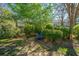 Spacious backyard with lush greenery, mature trees, and a blue Adirondack chair at 1002 Elm Hall Cir, Summerville, SC 29483