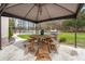 Covered patio with picnic table, benches, and grill, providing a comfortable spot for outdoor dining near the pool at 117 Hartin Blvd, Summerville, SC 29486