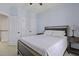 Light bedroom showcases a queen-sized bed, side tables, carpeted floor, and double door closet at 1704 Tolbert Way, Mount Pleasant, SC 29466